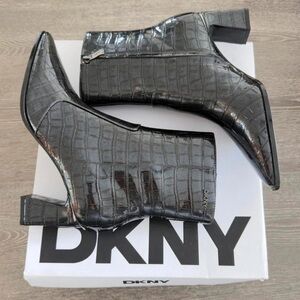 DKNY Shiny Black Croc-Embossed Heeled Boots
